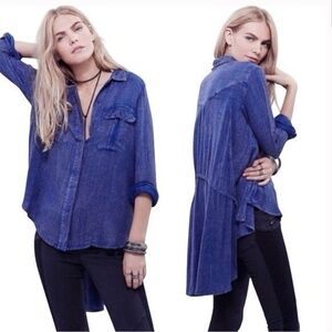 Free People Blue Button-Down Shirt- XS